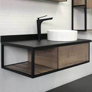 Тумба подвесная Comforty Лиссабон 95 с черной столешницей c раковиной 9111 правая Дуб темный 00-00006558CF