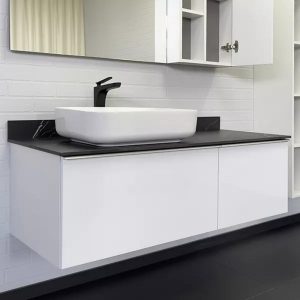 Тумба подвесная Comforty Милан 120 со столешницей под мрамор Калакатта Блэк с раковиной T-Y9378 Белый матовый 00-00014006CF