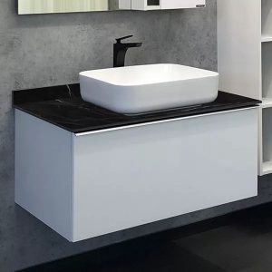 Тумба подвесная Comforty Милан 90 со столешницей под мрамор Калакатта Блэк с раковиной T-Y9378 Белый матовый 00-00014008CF