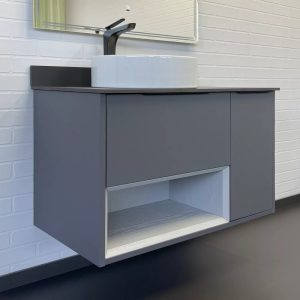 Тумба подвесная Comforty Джанкой 90 с черной столешницей и раковиной 9111 Антрацит 00-00017878CF